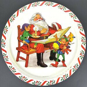 Vintage Santa Claus Elves Christmas Metal Tray Holly Candy Cane Border Hong Kong
